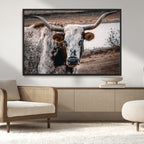 Texas Longhorn Wall Art Canvas Print | Framed Brown and White Spotted Longhorn