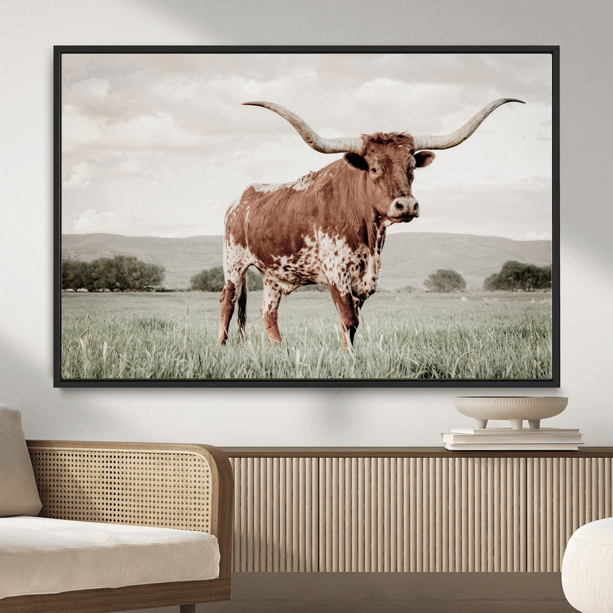 Texas Longhorn Wall Art | Framed Spotted Cattle Canvas
