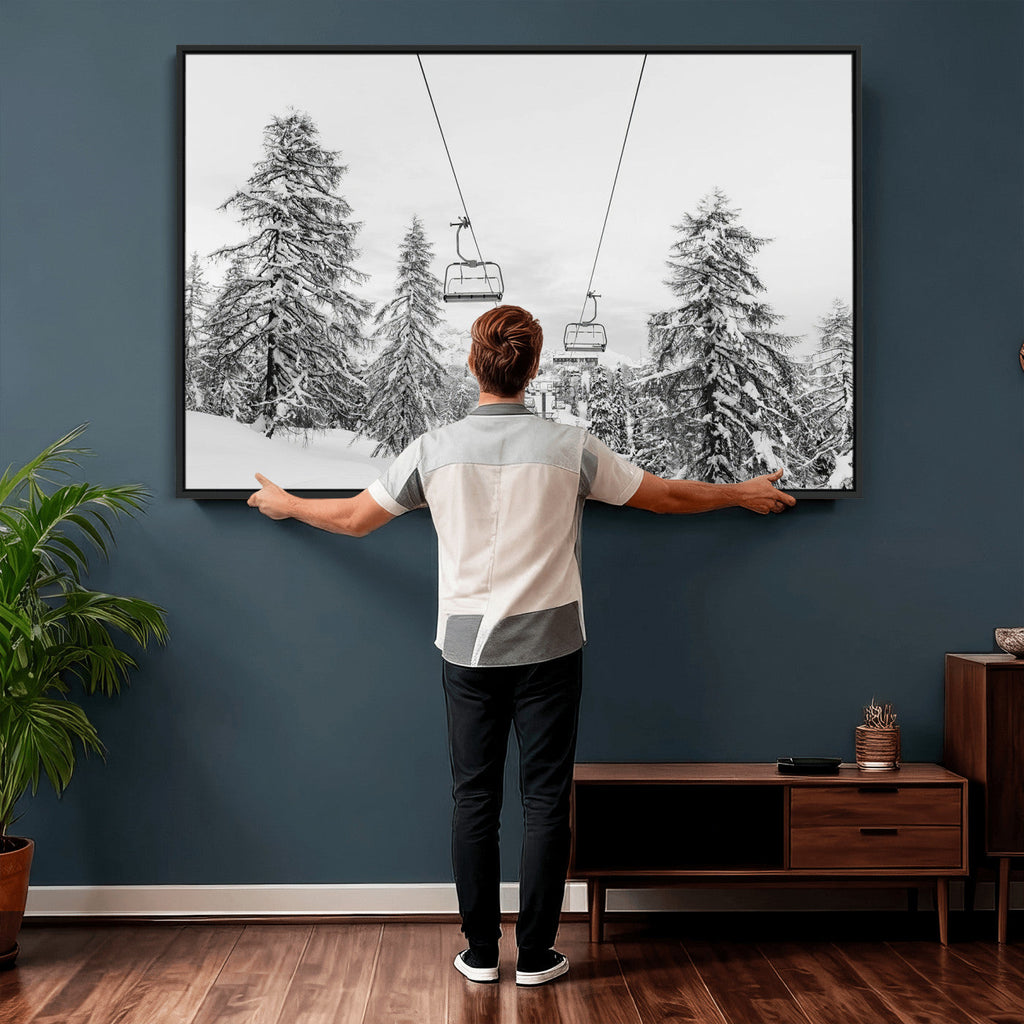 Snowy Ski Lift Wall Art | Framed Winter Forest Canvas