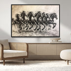 Running Horses Wall Art Canvas Print, Framed Monochrome Galloping Herd Sketch