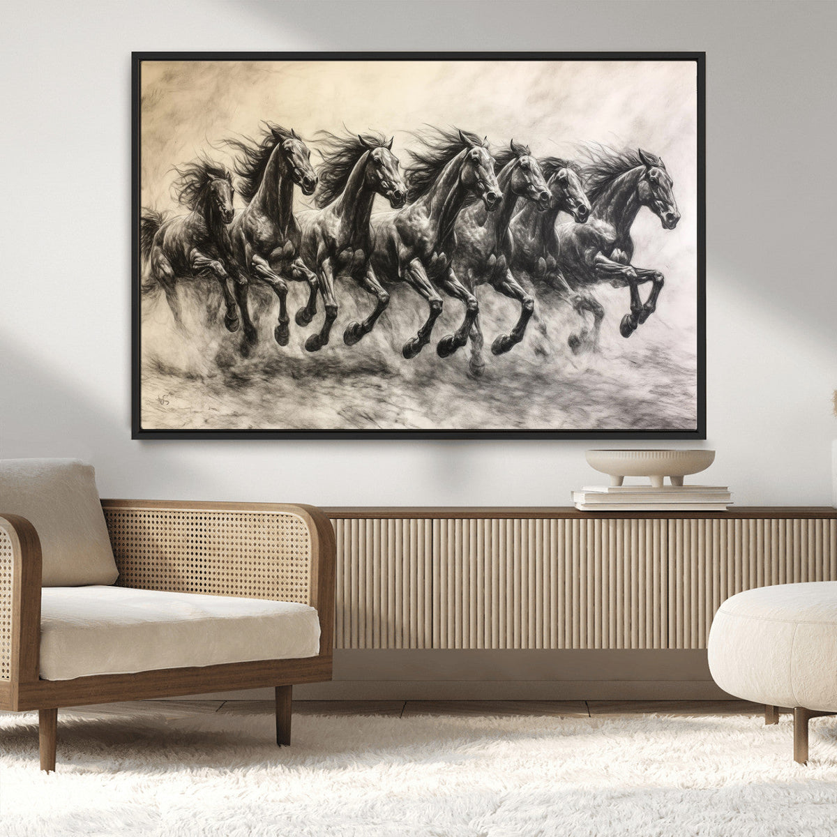 Running Horses Wall Art Canvas Print, Framed Monochrome Galloping Herd Sketch