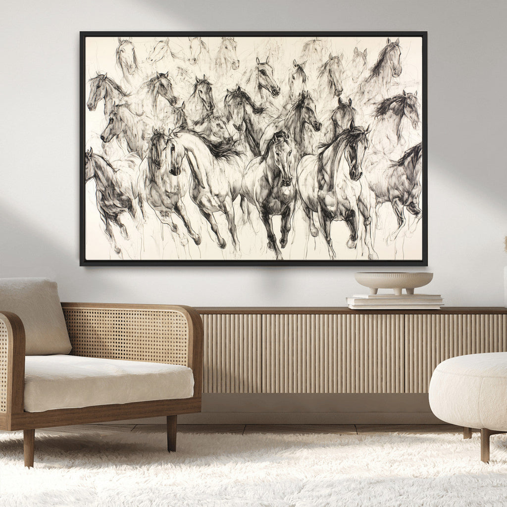 Abstract Horse Wall Art Canvas Print, Framed Horse Sketch with Galloping Herd