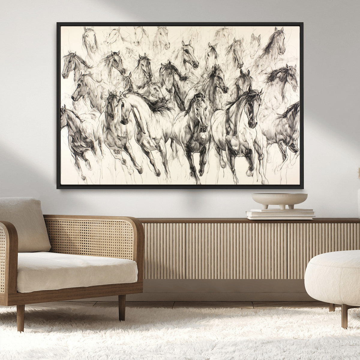 Abstract Horse Wall Art Canvas Print, Framed Horse Sketch with Galloping Herd