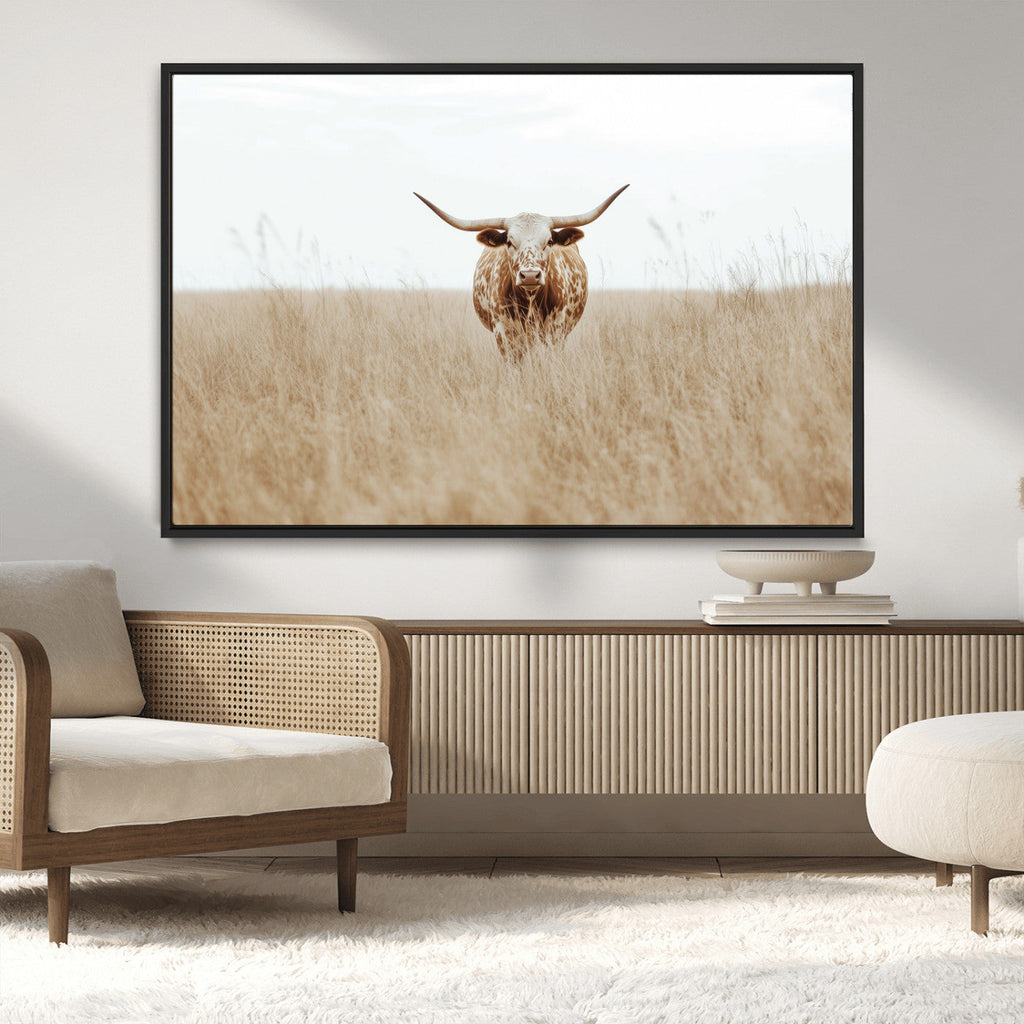 Texas Longhorn Wall Art Canvas Print, Framed Lone Cattle and Longhorn Bull Scene