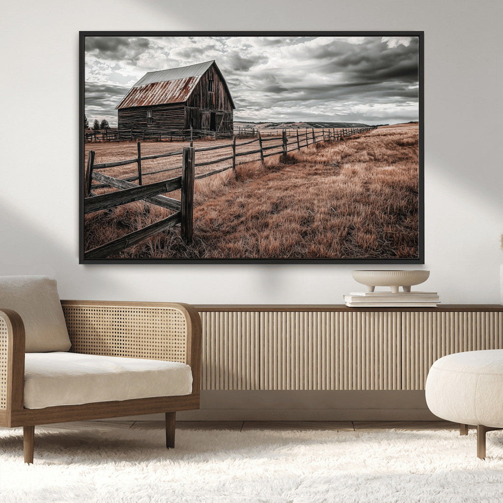 Rustic Barn Wall Art Canvas Print, Framed Moody Field Scene