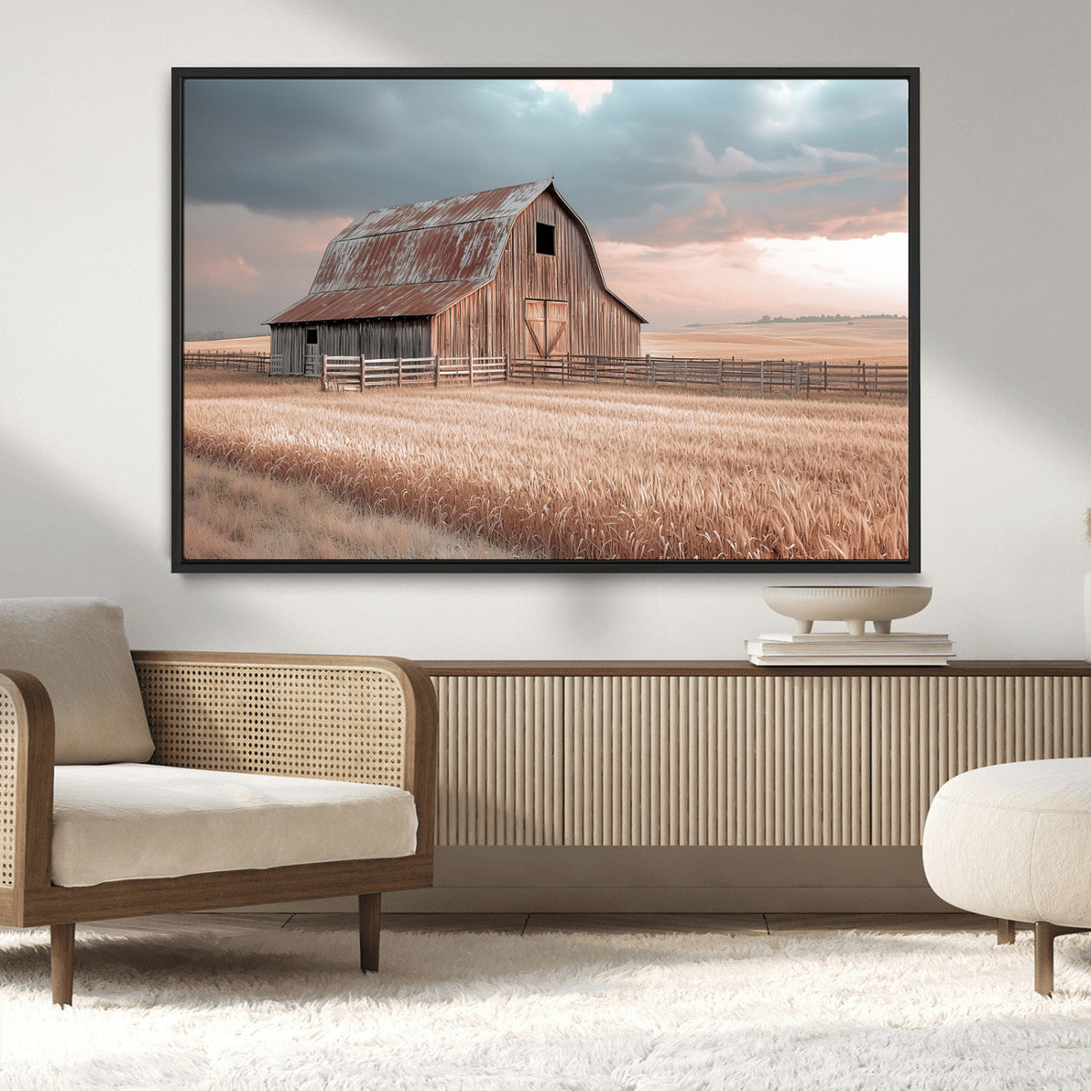 Rustic Barn Wall Art Canvas Print, Framed Wheat Field Scene