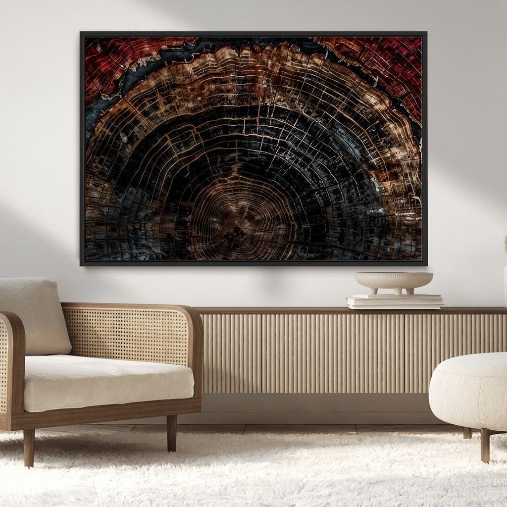 Dark Wood Ring Wall Art Canvas Print, Framed Abstract Tree Slice Print, Rustic Wood Grain Decor