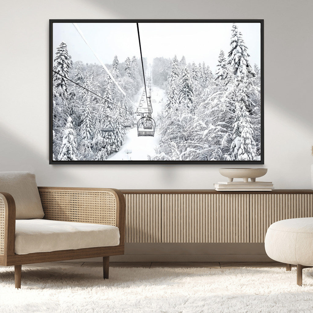 Snowy Ski Lift Wall Art | Framed Winter Mountain Canvas