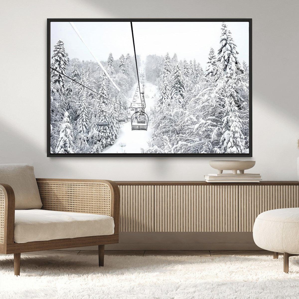 Snowy Ski Lift Wall Art | Framed Winter Mountain Canvas