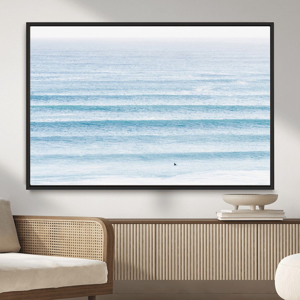 Ocean Wave Surfer Wall Art | Framed Minimal Seascape Canvas