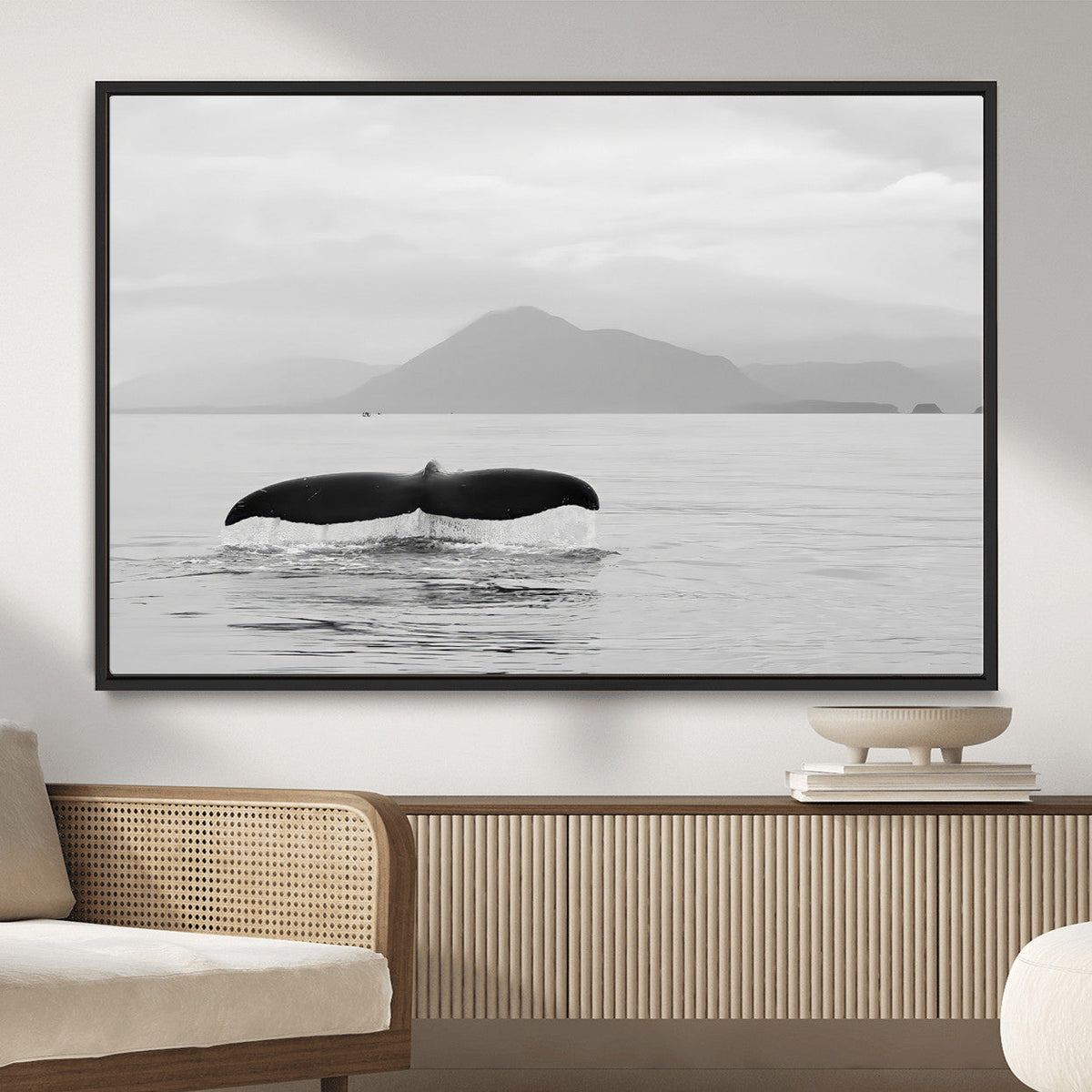Whale Tail Wall Art | Framed Black White Ocean Canvas