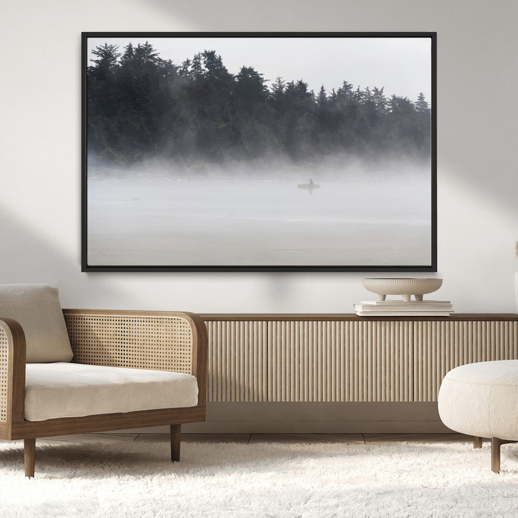 Surfer Fog Wall Art Canvas Print, Framed Foggy Beach and Coastal Surf Scene