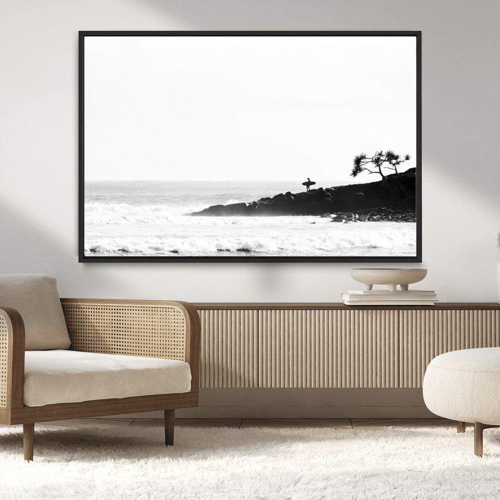 Surfer Cliffs Wall Art Canvas Print, Framed Black White Beach and Ocean Waves