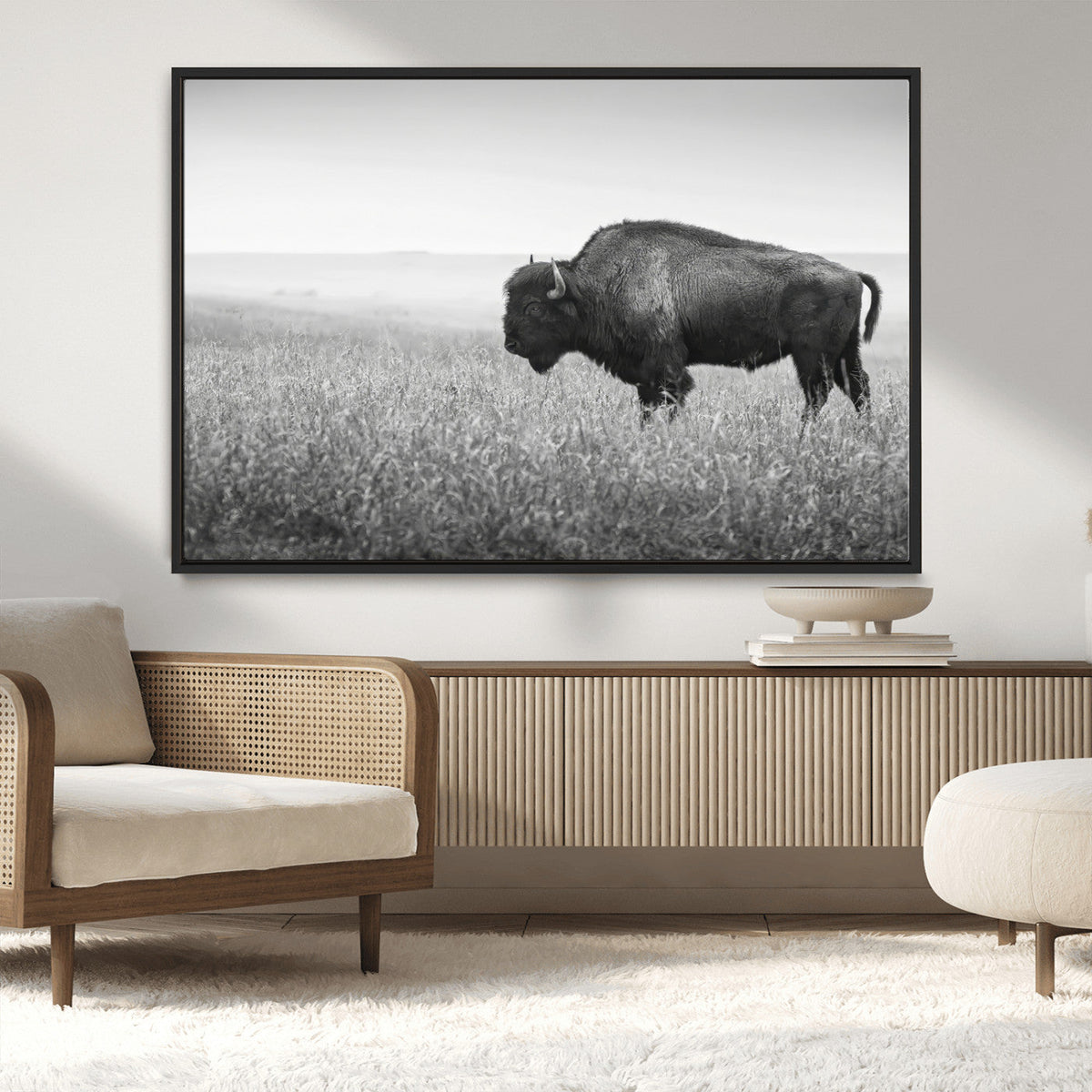 Bison Wall Art Canvas Print, Framed Rustic Wildlife Scene with Wild Buffalo