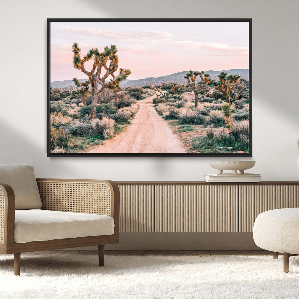 Joshua Tree Wall Art Canvas Print, Framed Desert Road Scene at Sunset