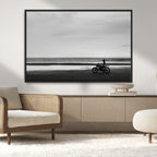 Motorcycle Beach Wall Art Canvas Print, Framed Vintage Motorcycle and Biker Silhouette
