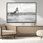 Black and White Surfing Wall Art Canvas Print, Framed Ocean Horizon Surfer Girl