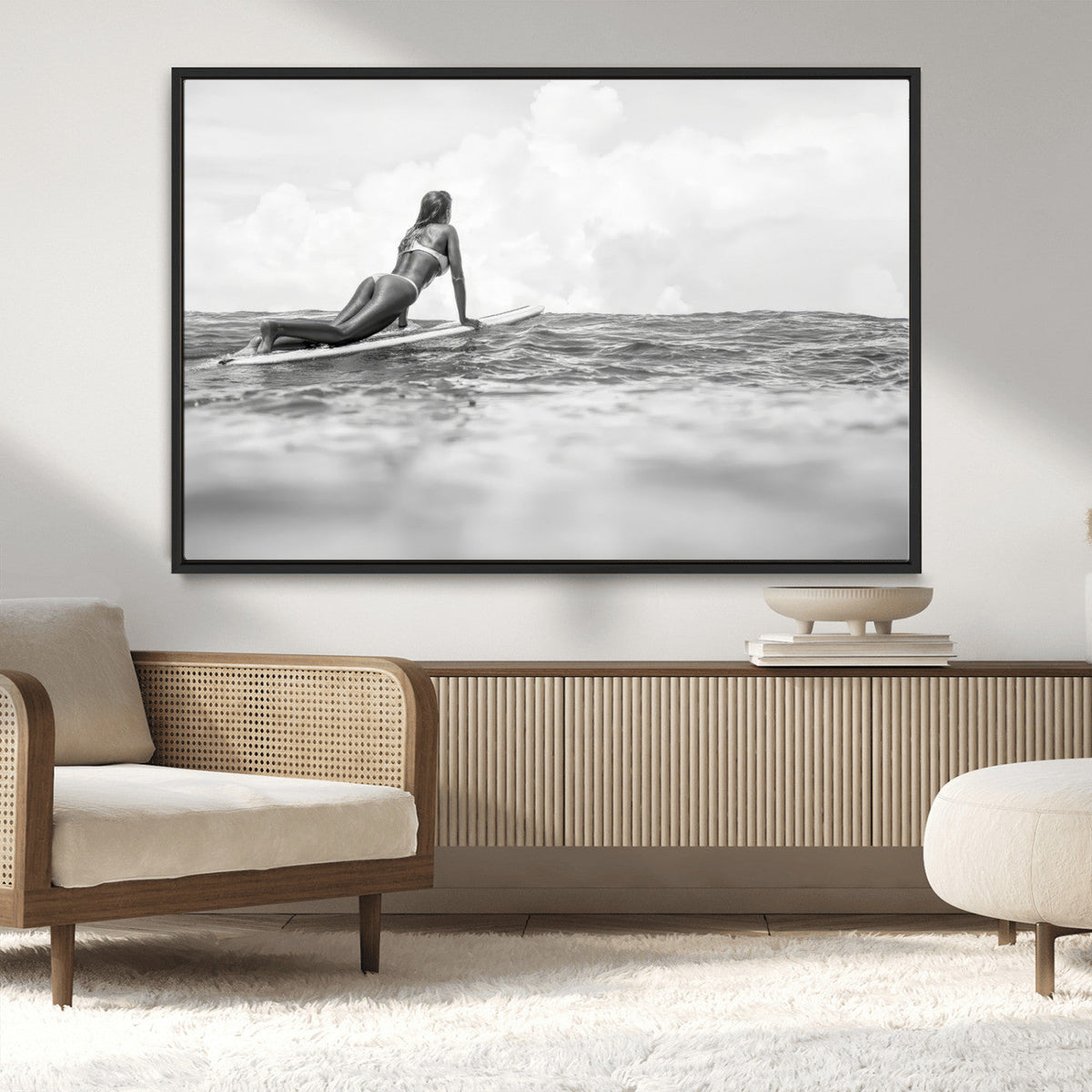 Black and White Surfing Wall Art Canvas Print, Framed Ocean Horizon Surfer Girl