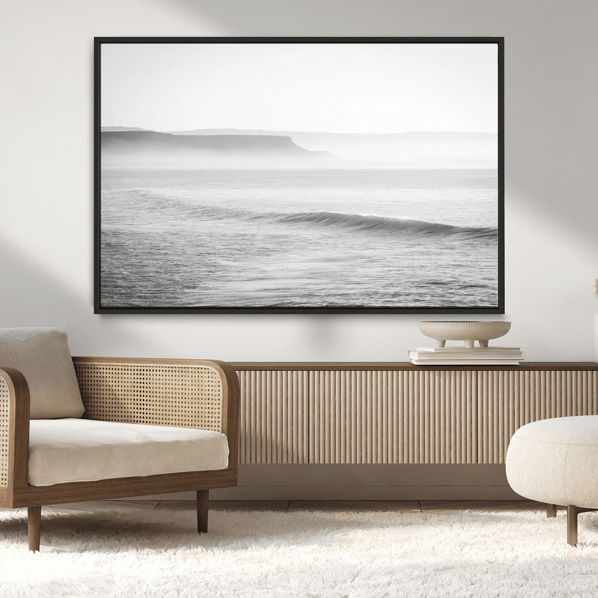Black and White Seascape Wall Art Canvas Print, Framed Misty Ocean Waves