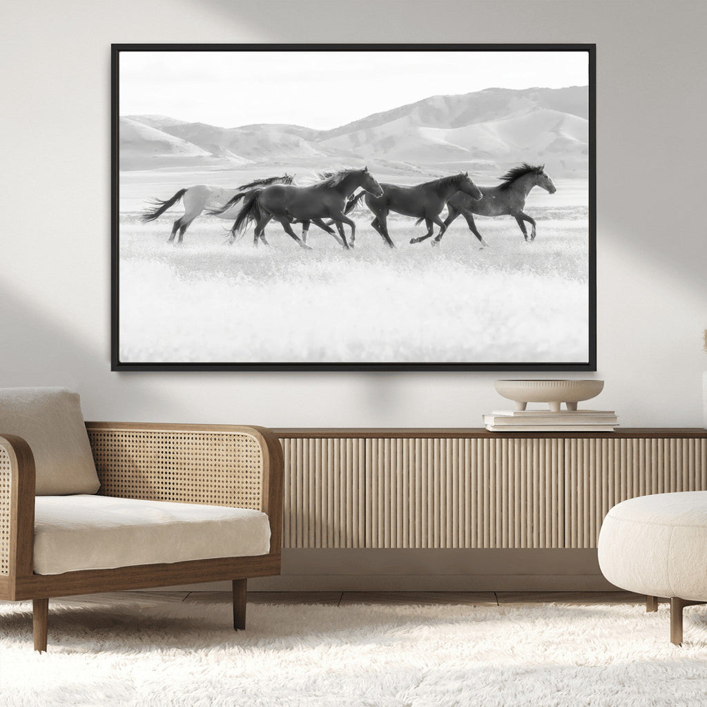 Wild Horses Running Wall Art Canvas Print, Framed Black White Mustangs Artwork