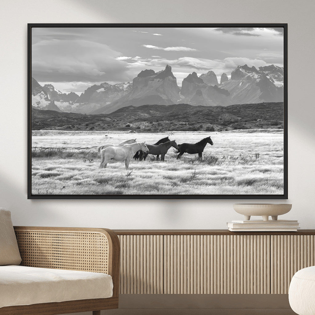 Wild Horses Wall Art | Framed Black White Mountain Canvas