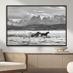 Wild Horses Wall Art | Framed Black White Mountain Canvas