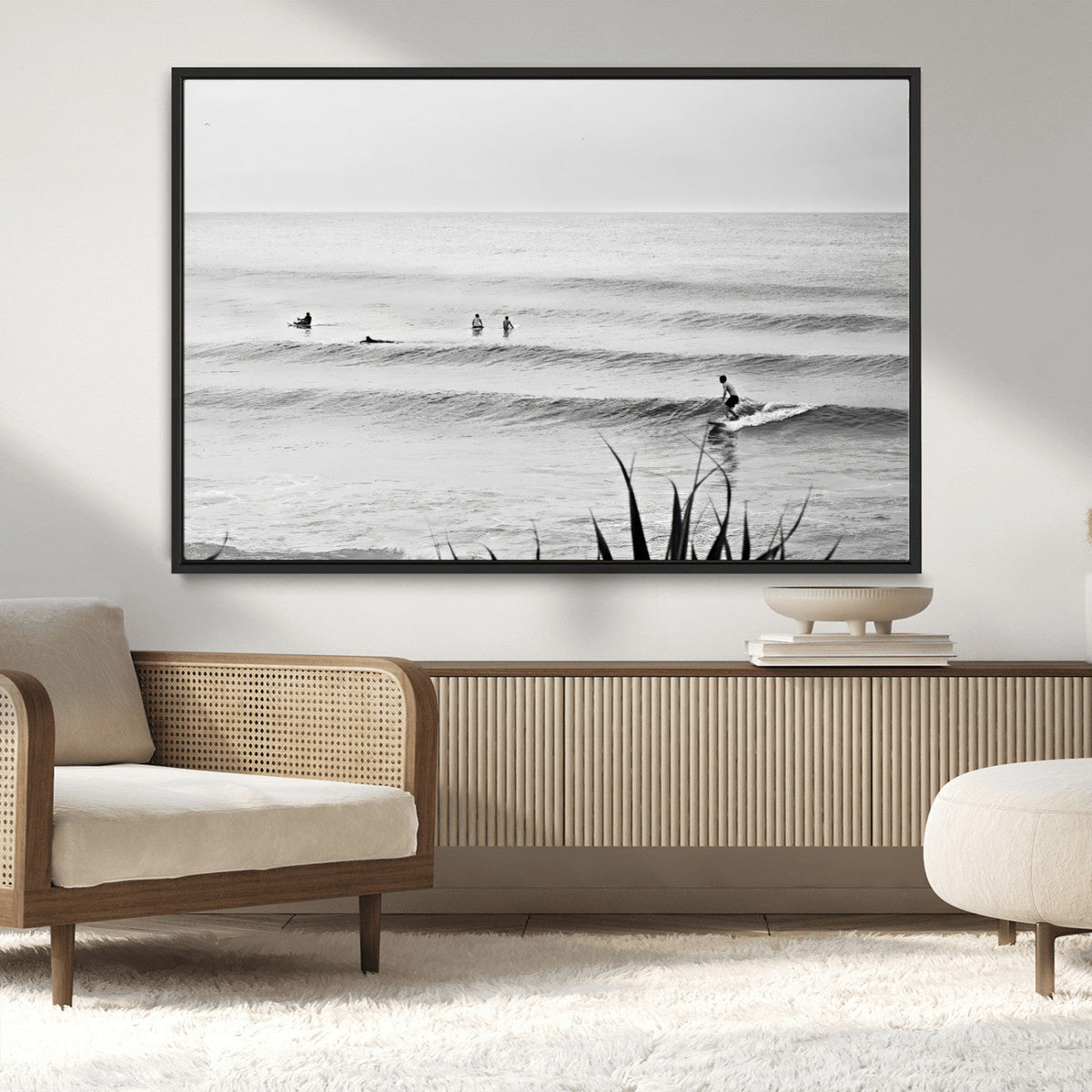 Surfer Silhouette Wall Art Canvas Print, Framed Calm Ocean Monochrome Surf
