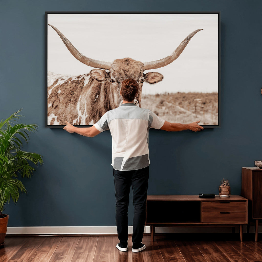 Longhorn Cow Wall Art Canvas Print, Framed Texas Ranch Print, Western Bull Art, Cowboy Decor