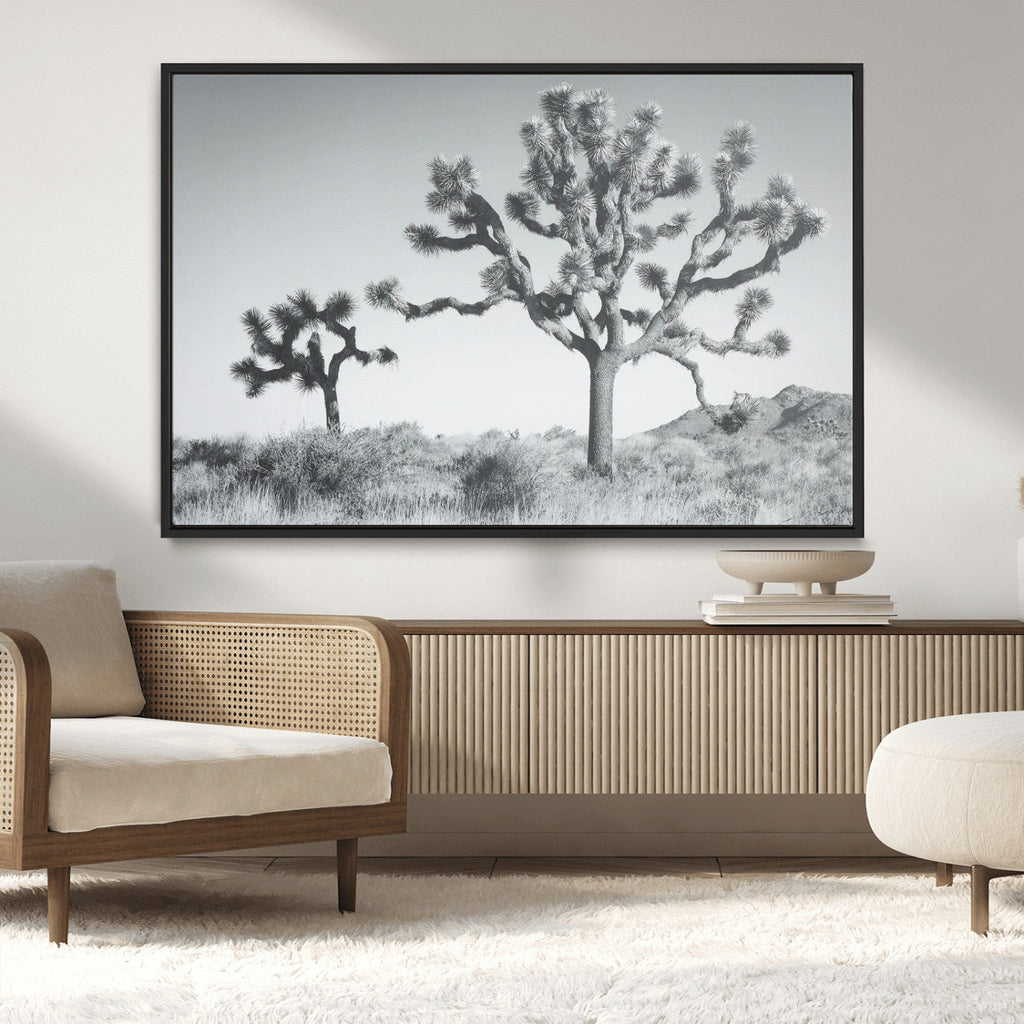 Joshua Tree Wall Art Canvas Print, Framed Black and White Desert Landscape Artwork