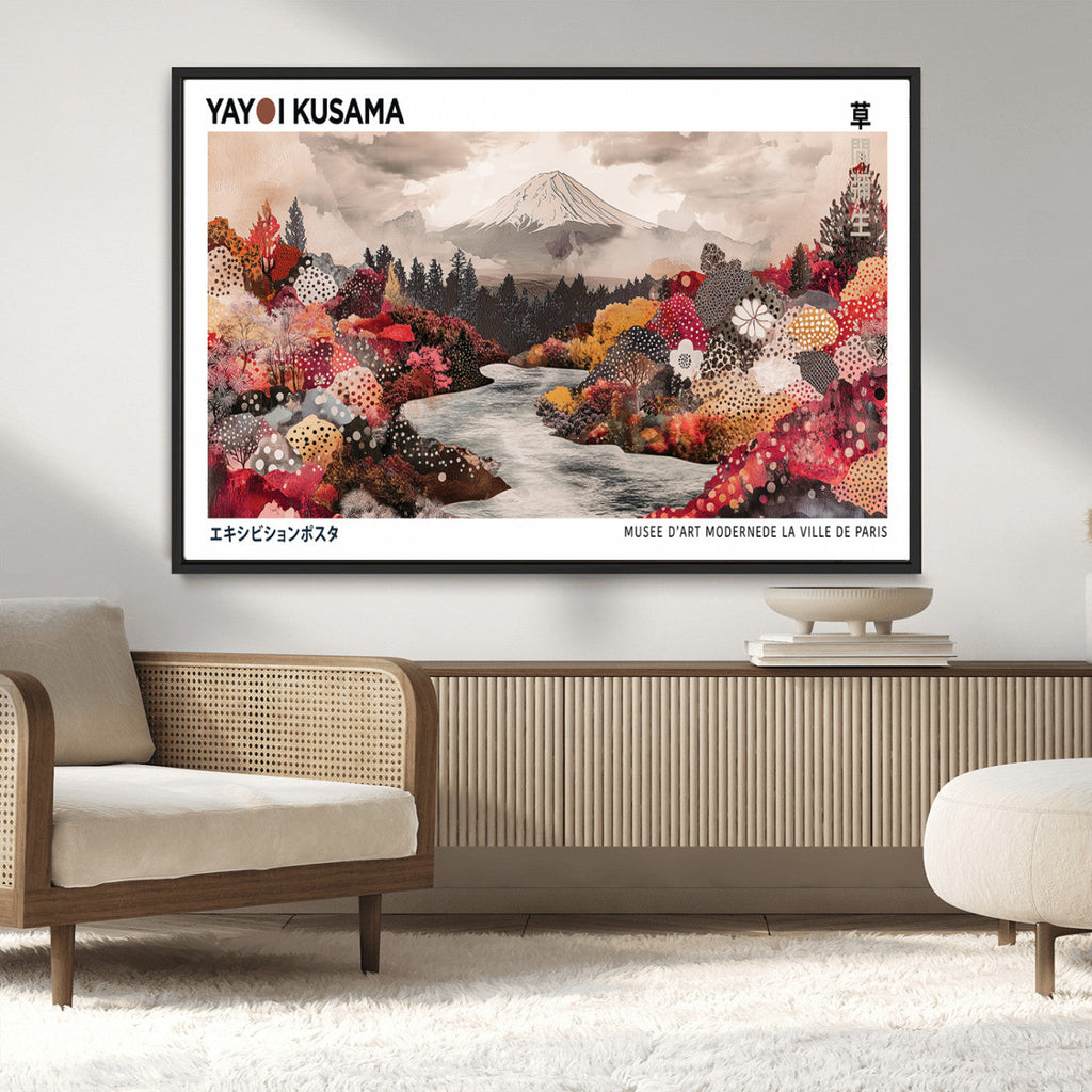 Modern Japanese Wall Art Canvas Print, Framed Abstract Mount Fuji Art, Yayoi Kusama Japanese Landscape