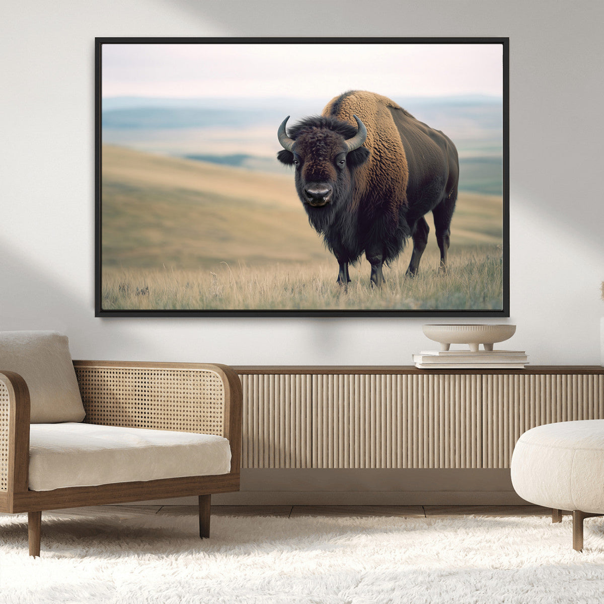 Bison Wall Art Canvas Print, Framed American Buffalo Rustic Western Artwork