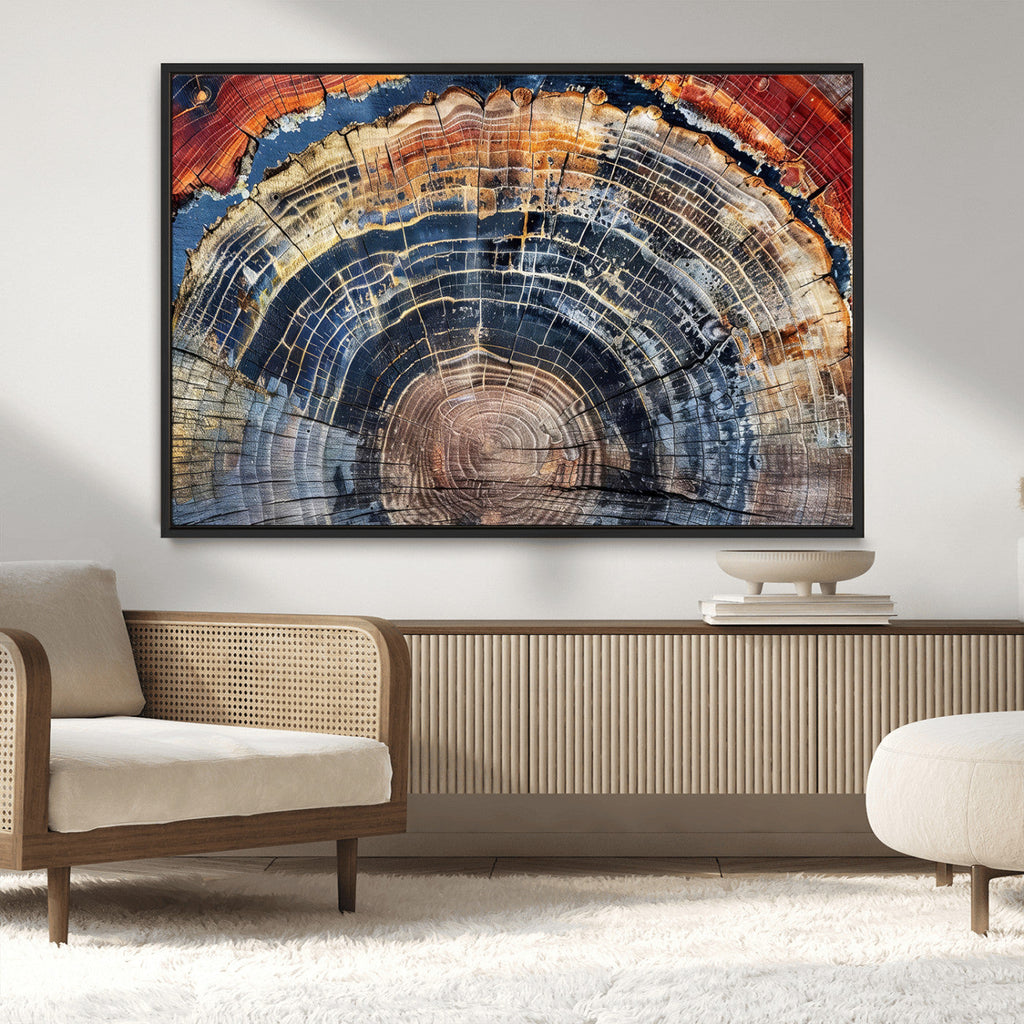 Tree Rings Wall Art Canvas Print, Framed Petrified Wood Modern Rustic