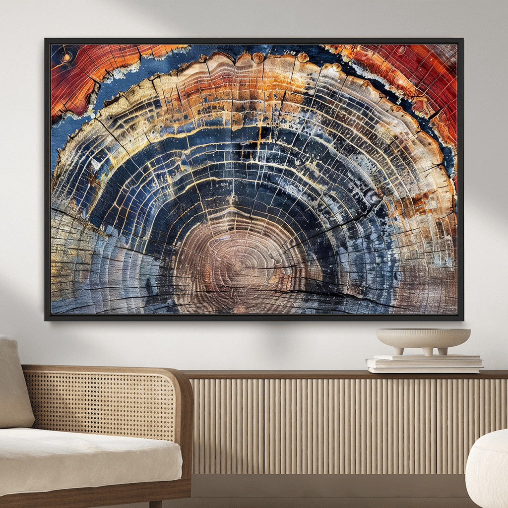 Tree Rings Wall Art Canvas Print, Framed Petrified Wood Art, Modern Rustic Decor