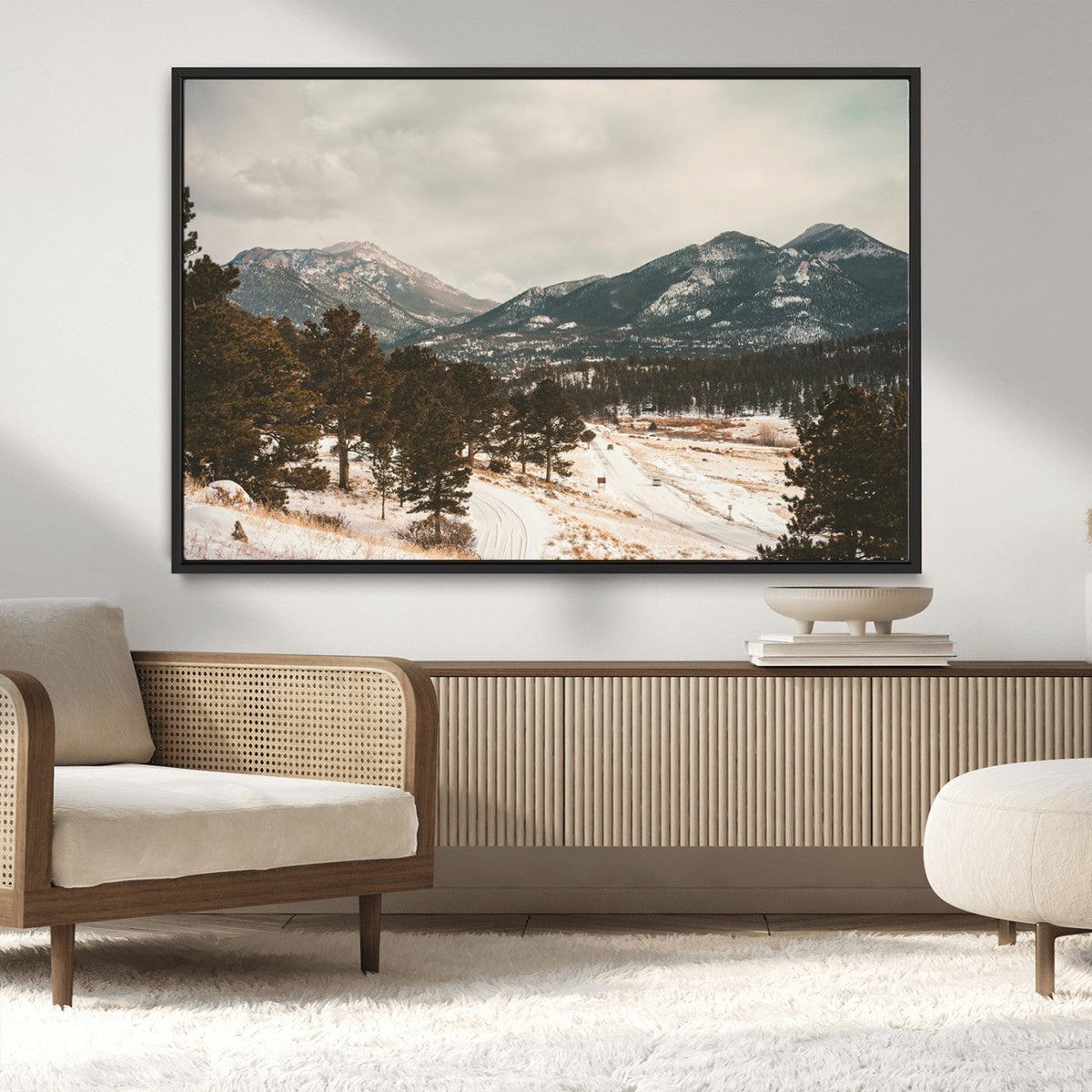 Mountain Landscape Wall Art Canvas Print, Framed Snowy Peaks Alpine Winter