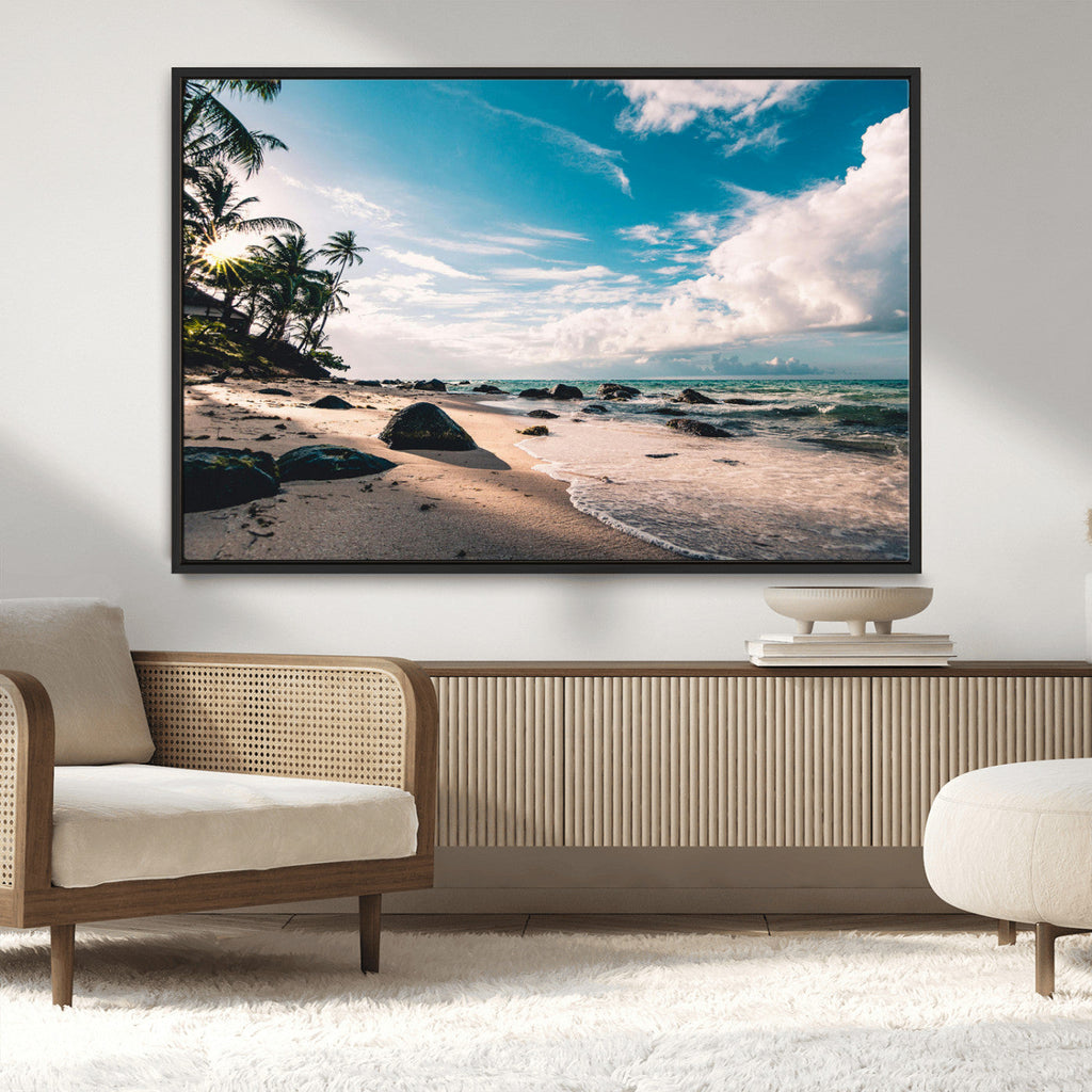 Tropical Beach Wall Art Canvas Print, Framed Ocean Waves Relaxing Seascape