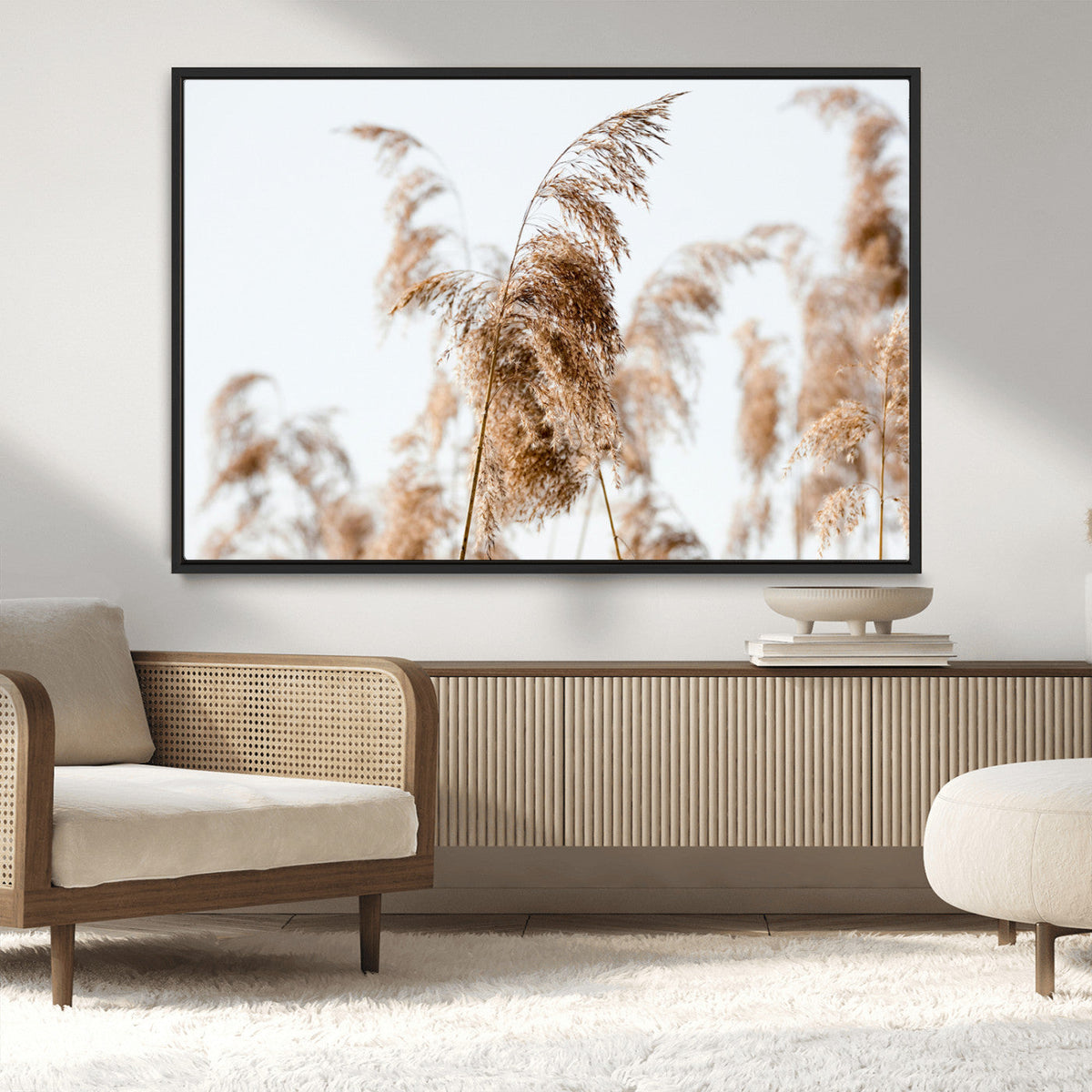 Pampas Grass Wall Art Canvas Print, Framed Neutral Tones Minimalist Boho