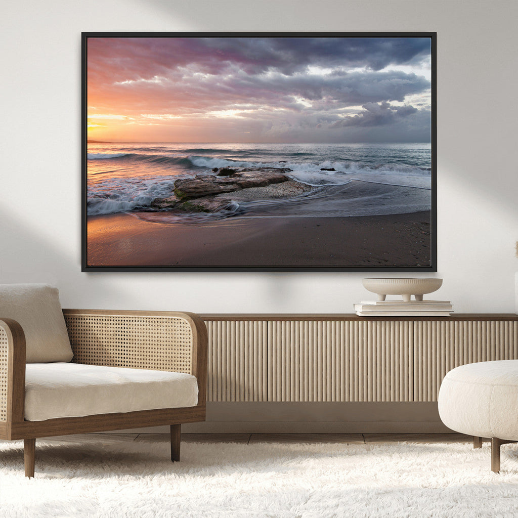 Golden Hour Wall Art Canvas Print, Framed Tranquil Waves Beach Sunset