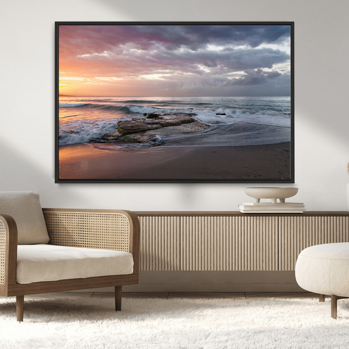 Golden Hour Wall Art Canvas Print, Framed Tranquil Waves Beach Sunset