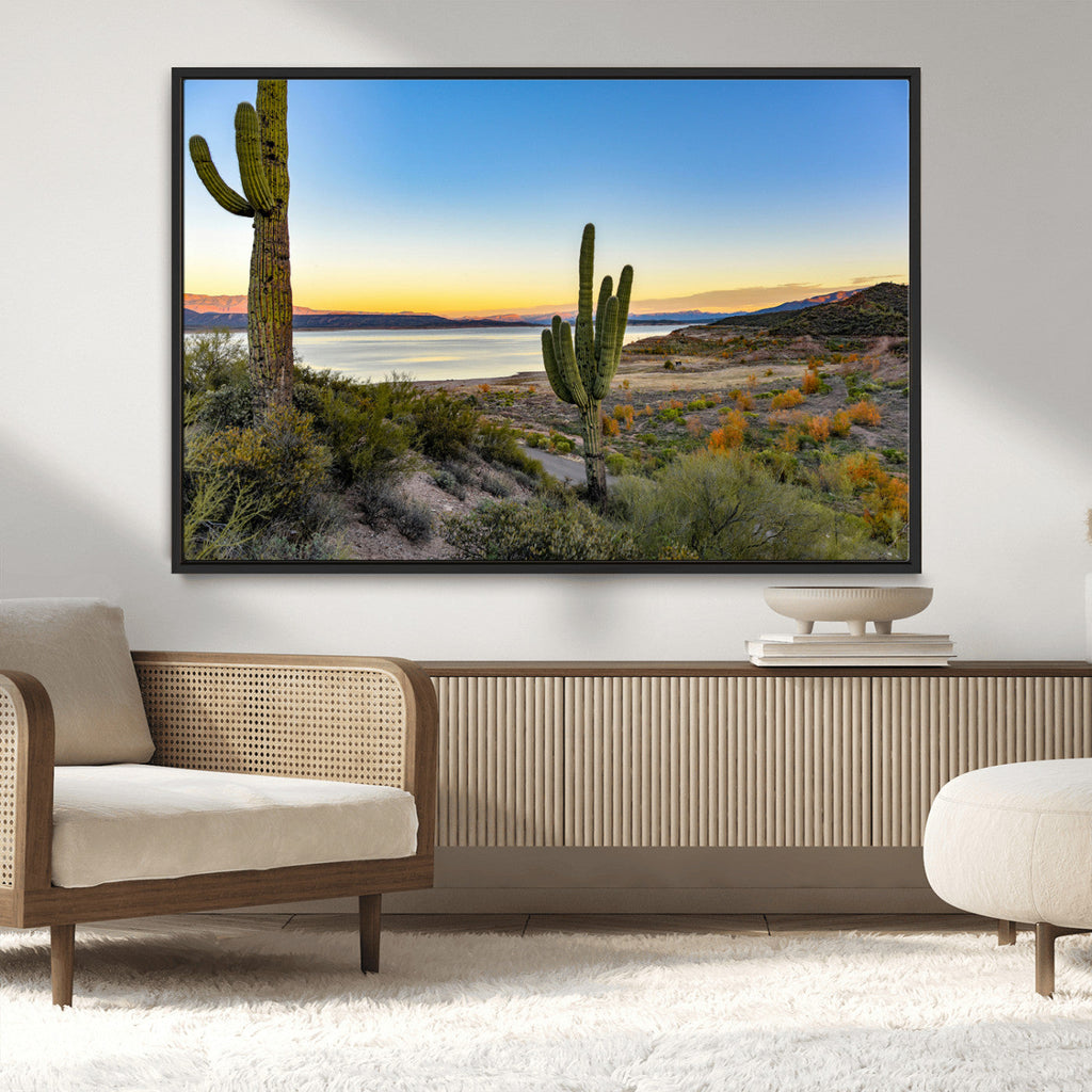Saguaro Cactus Wall Art Canvas Print, Framed Desert Sunset Southwestern