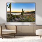 Saguaro Cactus Wall Art Canvas Print, Framed Desert Sunset Southwestern