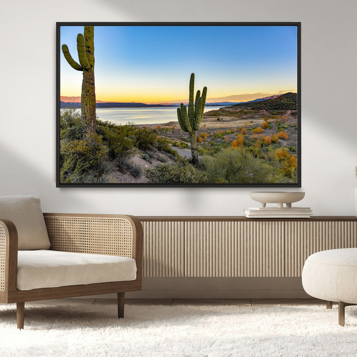 Saguaro Cactus Wall Art Canvas Print, Framed Desert Sunset Southwestern