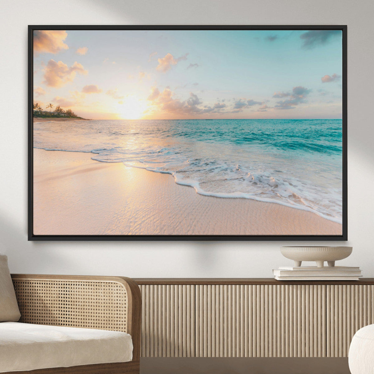 Beach Sunset Wall Art Canvas Print, Framed Ocean Waves Summer Escape
