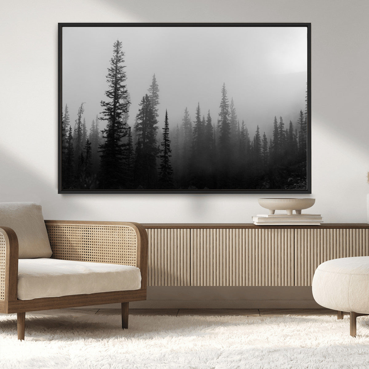 Misty Pines Wall Art Canvas Print, Framed Woodland Minimalist Black and White