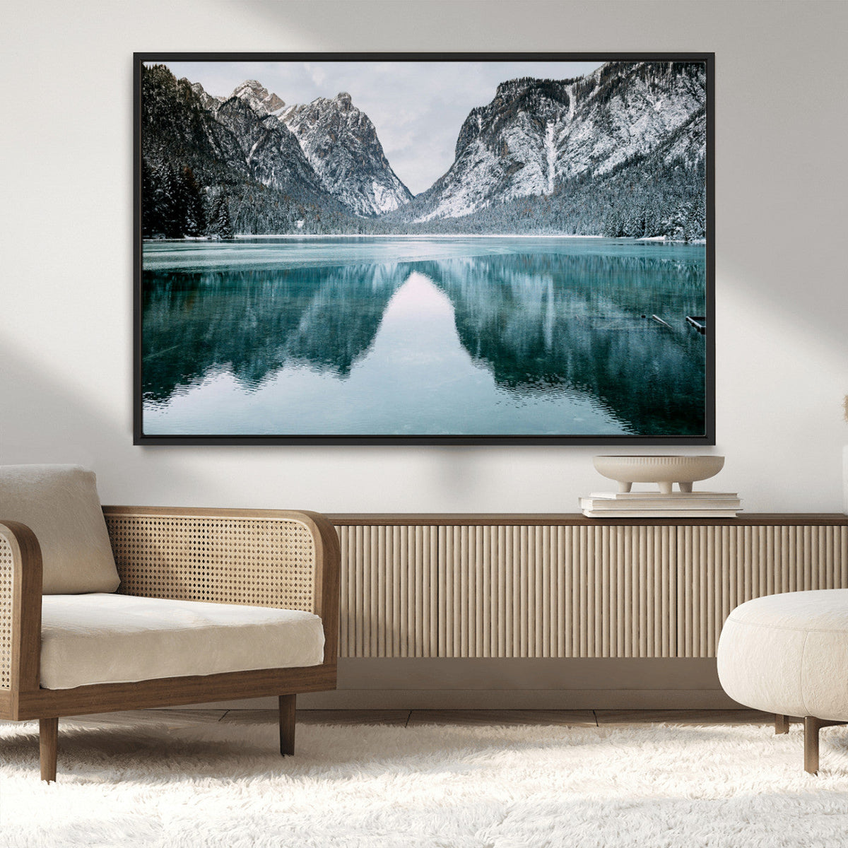 Mountain Lake Wall Art Canvas Print, Framed Toblacher See Winter Wonderland