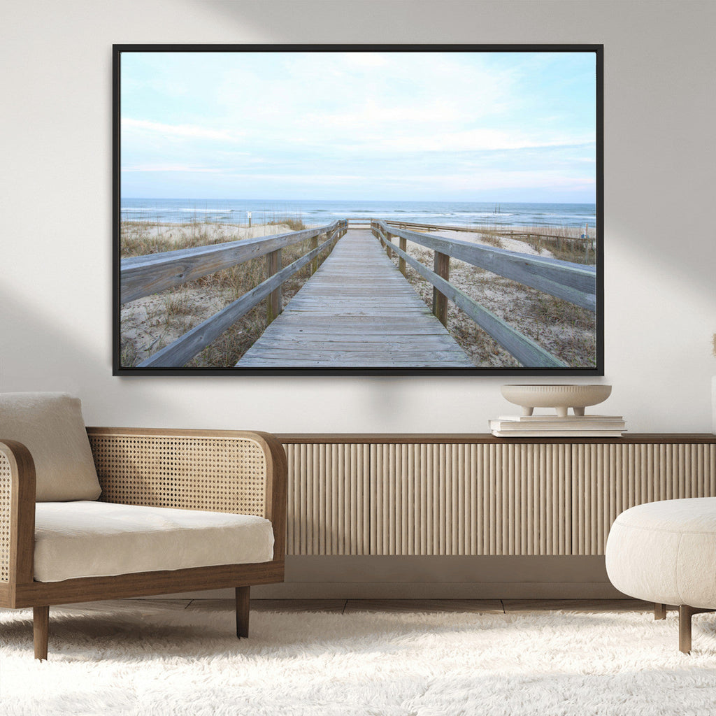 Beach Boardwalk Wall Art Canvas Print, Framed Coastal Serenity Ocean View