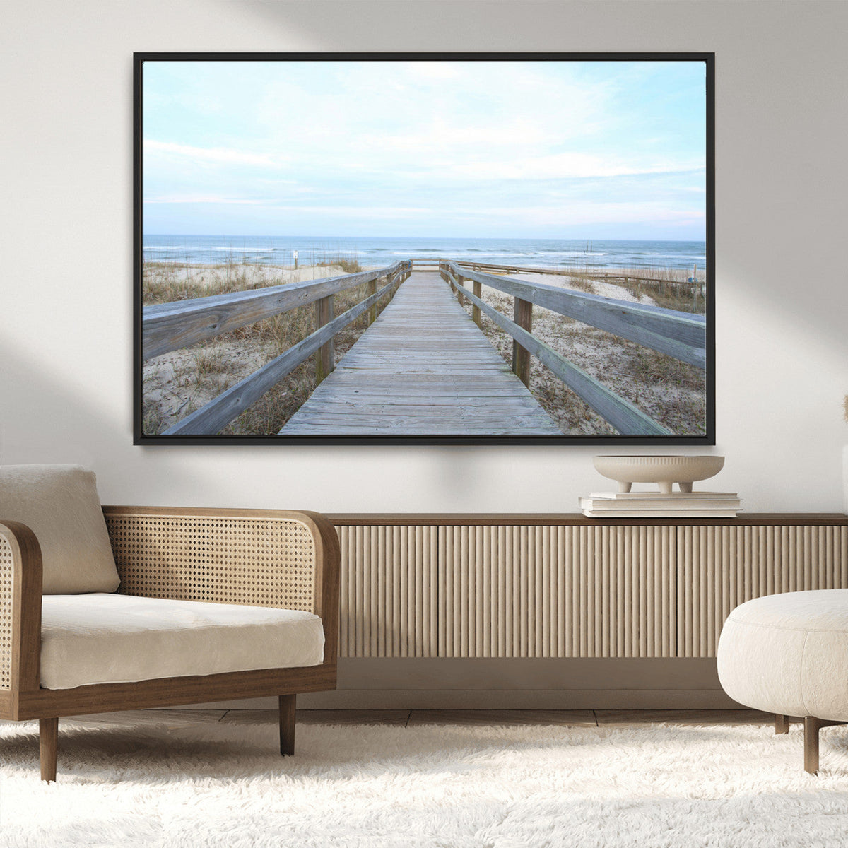 Beach Boardwalk Wall Art Canvas Print, Framed Coastal Serenity Ocean View