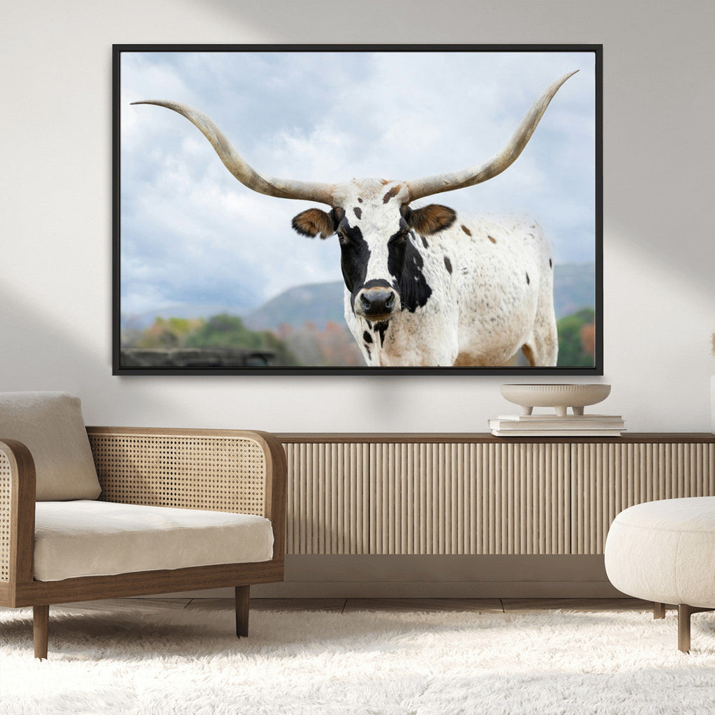 Texas Longhorn Wall Art Canvas Print, Framed Western Rustic Farmhouse