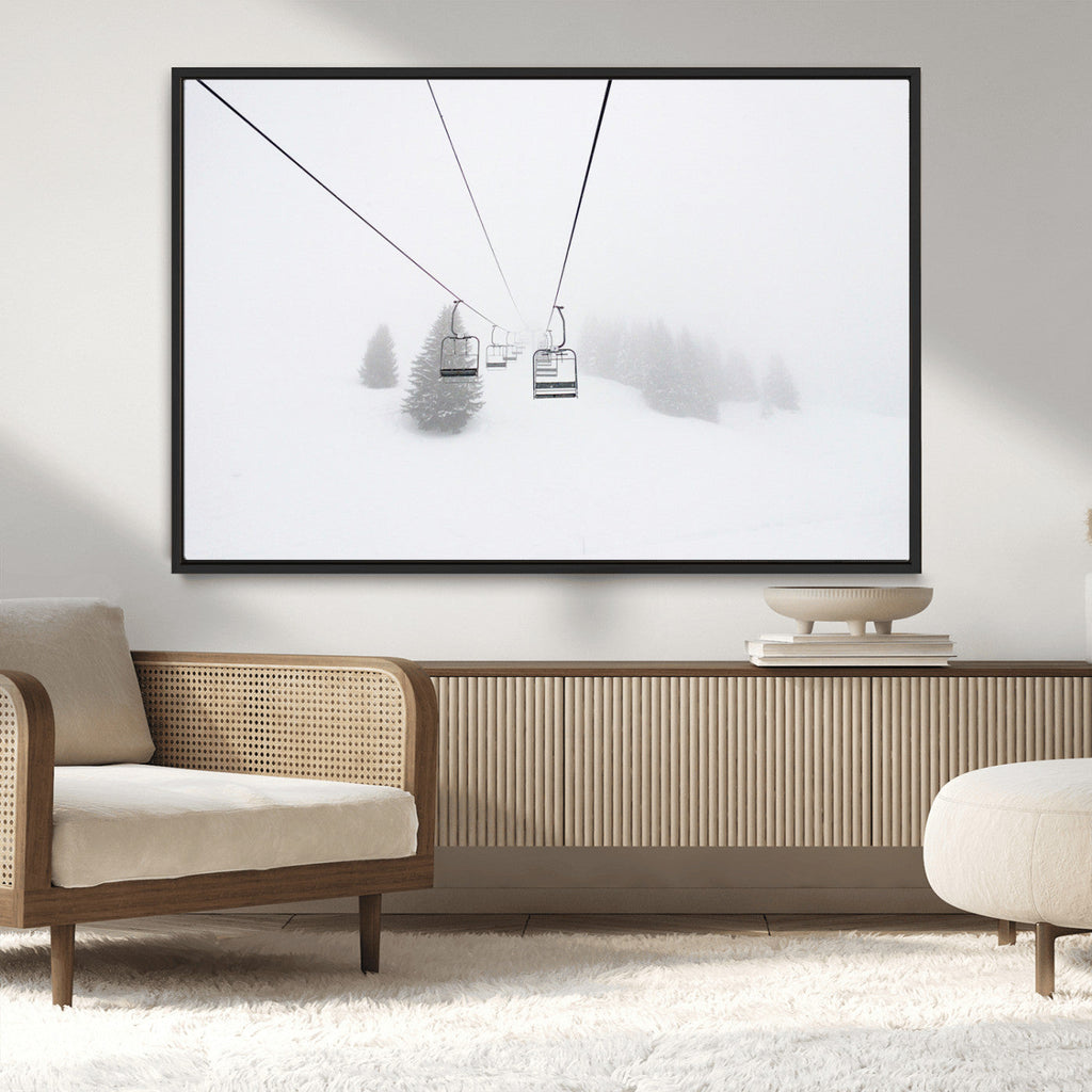 Ski Lift Wall Art Canvas Print, Framed Snowy Landscape Art, Alpine Adventure Nordic Minimalist Decor
