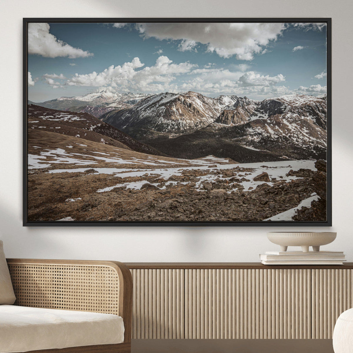 Mountain Landscape Wall Art Canvas Print, Framed Snowy Peaks Art, Rugged Highlands Rustic Adventure Decor