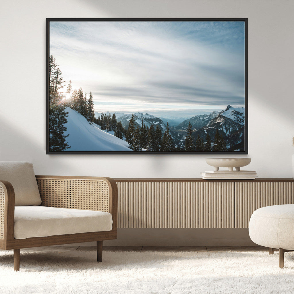 Snowy Mountains Wall Art Canvas Print, Framed Alpine Landscape Frosty Peaks Artwork